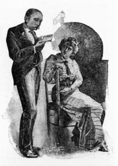 Image of a man (Inspector Clampe) stands and reads from a piece of paper to a woman in a chair (Loveday Brooke).
