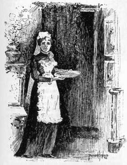 Image of a woman (Miss Brown) in a maid's uniform, holding a tray.