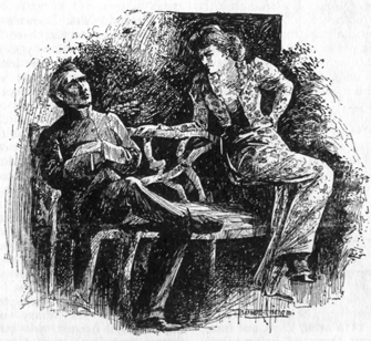 Image of a man reclining on a bench with arms crossed (Mr. Turner), looking upward. A woman (Mrs. Turner) sits on the arm of the bench and turns angrily toward him.