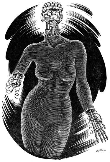 A womanly body, but it has a robotic head, hand and arm showing.